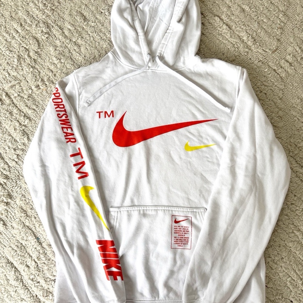 Nike White Hoodie with Red and Yellow Swooshes